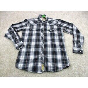 Larry Mahan Shirt Mens Medium Gray Blue Plaid Pearl Snap Western Long Sleeve